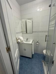 La salle de bains est pourvue d'un lavabo, de toilettes et d'un miroir. dans l'établissement Apartamentos Don Diego La Carihuela, à Torremolinos