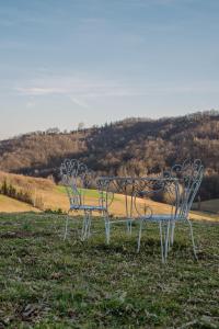 2 chaises métalliques et une table dans l'herbe dans l'établissement Nutrilamente country house, à Robella