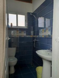 Bouzareah的住宿－Appart hôtel cozy，蓝色瓷砖浴室设有卫生间和水槽