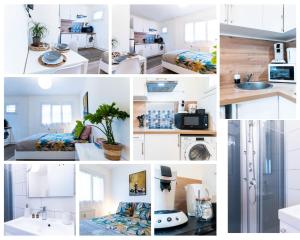 a collage of photos of a white kitchen at SPACIEUX - Proche-gare - Parking in Bourg-en-Bresse +17 photos