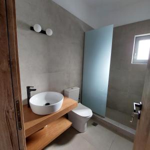 La salle de bains est pourvue d'un lavabo et de toilettes. dans l'établissement Manolakis House, à Kardamaina