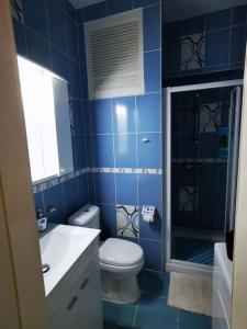 y baño de azulejos azules con aseo y ducha. en Estudio Ana, en Puerto de la Cruz