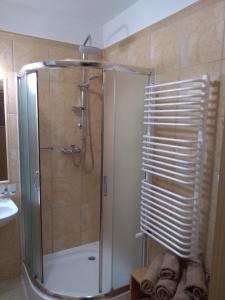 a bathroom with a shower with a glass door at Apartament 4 osobowy, sauna, sala fitness in Szklarska Poręba