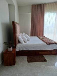 ein Schlafzimmer mit einem Bett mit Kissen und einem Fenster in der Unterkunft Luxury 3 Bedrooms Apartment in Colombo in Sri Jayewardenepura Kotte