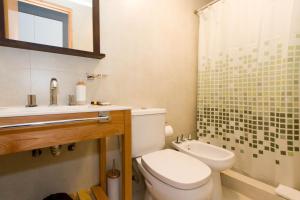 een badkamer met een toilet, een wastafel en een douche bij Infinity II Apartamentos in Ushuaia