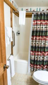 a bathroom with a tub and a shower curtain at Ski Trails 4042 in Truckee