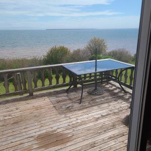 una mesa de ping pong azul en un balcón con vistas al océano en Sleepy Pines Oceanfront Cottages, en Cumberland