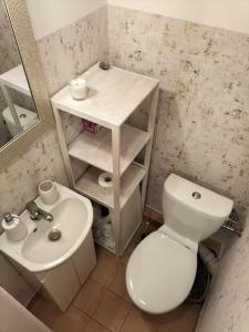 a bathroom with a white toilet and a sink at Stacja Kocham Morze in Gdańsk