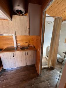 uma pequena casa de banho com um lavatório e um chuveiro em Baven -Toven Naturae em Rubik