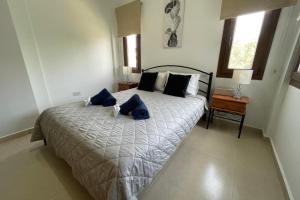 ein Schlafzimmer mit einem Bett mit blauen Kissen darauf in der Unterkunft Eleona's Royal Gardens By Yiota - Luxury 2 Bed Apartment in Exclusive Complex in Peyia