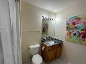 baño con aseo, lavabo y una pintura en Winter Wonderland Retreat and Your Chicago Chill Getaway en Chicago