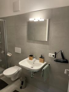 a bathroom with a sink and a toilet and a mirror at 24-7 Apartment Passau in Passau