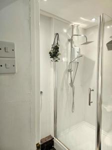 a white bathroom with a shower with a glass door at Albert Apartment with free Gym in Penzance