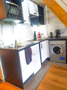 uma cozinha com um lavatório e uma máquina de lavar roupa em Le Loft d'Or à 10min de Lyon em Champagne-au-Mont-dʼOr