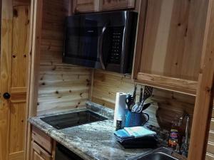 a kitchen with a sink and a microwave at Lakefront Texas Star - 38 in Mead