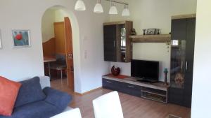 ein Wohnzimmer mit einem blauen Sofa und einem TV in der Unterkunft Ferienwohnung Winkl in Liesing