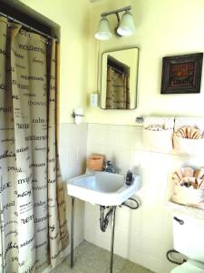 uma casa de banho com um lavatório e um espelho em JI7, A Queen Guest Room at the Joplin Inn at entrance to the resort Hotel Room em Mount Ida