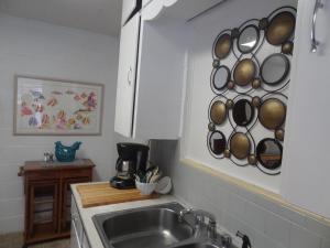 Mount Ida的住宿－Budget friendly queen studio with full kitchen, two queen beds and sleeper sofa Hotel Room，厨房配有水槽和墙上的一堆平底锅