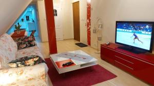 Televízia a/alebo spoločenská miestnosť v ubytovaní Apartamenty Stokrotka