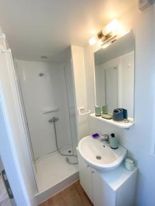 La salle de bains blanche est pourvue d'un lavabo et d'une douche. dans l'établissement Mobile Home Sea Fairy , Jezera , Murter, à Tisno