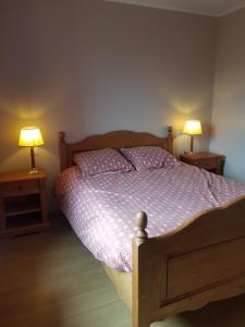 a bedroom with a bed and two lamps on tables at Chez laiko wifi gratuit in Beaulieu-sur-Loire