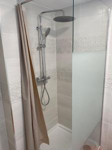 a shower with a glass door and a shower curtain at Habitaciones con baño y cocina privada in Valencia