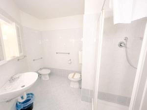 La salle de bains blanche est pourvue de toilettes et d'un lavabo. dans l'établissement Hotel La Betulla, à Bardonnèche