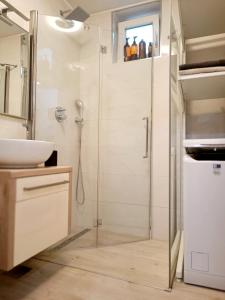 a bathroom with a shower and a sink at Nice and Sweet Apartment - self check in in Zagreb