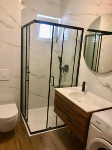 a bathroom with a shower and a toilet and a sink at Apartments Royal Residence in Baška Voda