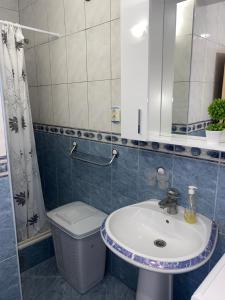 een badkamer met een wastafel, een toilet en een spiegel bij Skadar Lake Apartment -Anja in Vranjina