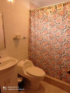 a bathroom with a toilet and a shower curtain at Cabañas Florencia La Serena in La Serena
