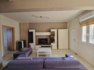 a living room with two purple couches and a tv at Viktoria Sea View Apartment in Perea