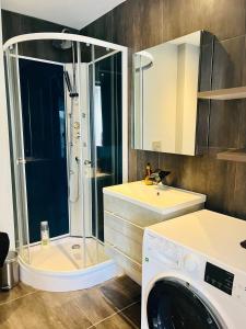 a bathroom with a shower and a washing machine at LES PALMIERS - Appartement avec piscine proche plage in Antibes