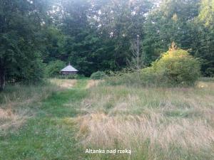 un campo de hierba con un cenador a lo lejos en Domek i jurta nad rzeką, en Kościerzyna
