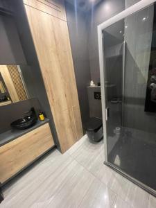 a bathroom with a glass shower and a toilet at Apartament Nad Zalewem in Kamień Pomorski