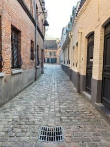 une allée avec une rue pavée entre deux bâtiments dans l'établissement Appartement 50 m2 avec Rooftop Lille Centre, à Lille
