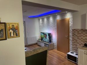 un soggiorno con TV e muro di mattoni di Sobe Dana a Teslić