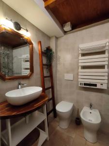 W łazience znajduje się umywalka, toaleta i lustro. w obiekcie Dal Podestà w mieście San Gemini