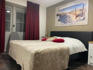 een slaapkamer met een bed met rode kussens erop bij B&B Plompetorenzicht in Burgh Haamstede