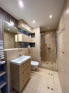 a bathroom with a toilet and a shower and a sink at Apartament Latarnia in Władysławowo