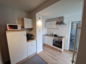 a small kitchen with a refrigerator and a microwave at Haus Regine in Rendsburg
