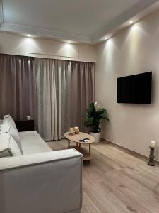 ein Wohnzimmer mit einem Sofa und einem Flachbild-TV in der Unterkunft Acropolis Luxury Apartments in Athen