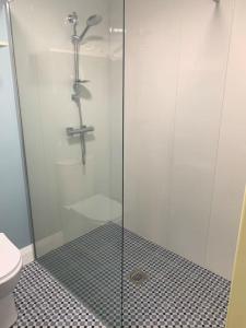 a shower with a glass door in a bathroom at The Cosy Studio by the shore in Galway