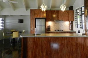 cocina con armarios de madera y encimera en Beachfront Villa - Pod House, Private Plunge Pool, en Savusavu