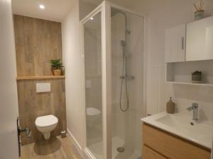 a bathroom with a shower and a toilet and a sink at Les jardins du Carrousel - Chambre privée aménagée en T2 in Noisy-le-Grand