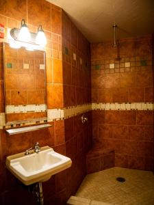 y baño con lavabo y ducha. en Green Tortoise Hostel Seattle en Seattle