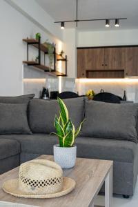 uma sala de estar com um sofá e uma mesa com uma planta em Ruby Luxury Suites em Chania Town