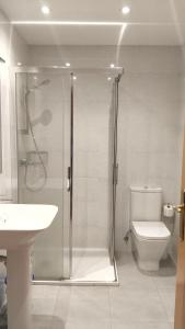 a bathroom with a shower and a toilet and a sink at Pensión Aussie II in San Sebastián