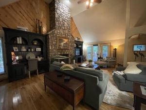 a living room with a couch and a stone fireplace at C19, One bedroom luxury, log-sided Couple's Cottage with private hot tub and unique extras cottage in Mount Ida