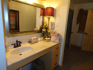 baño con lavabo con espejo y flores en C23, Two bedroom, two bath log-sided, luxury Harbor North cottage with hot tub cottage, en Mount Ida